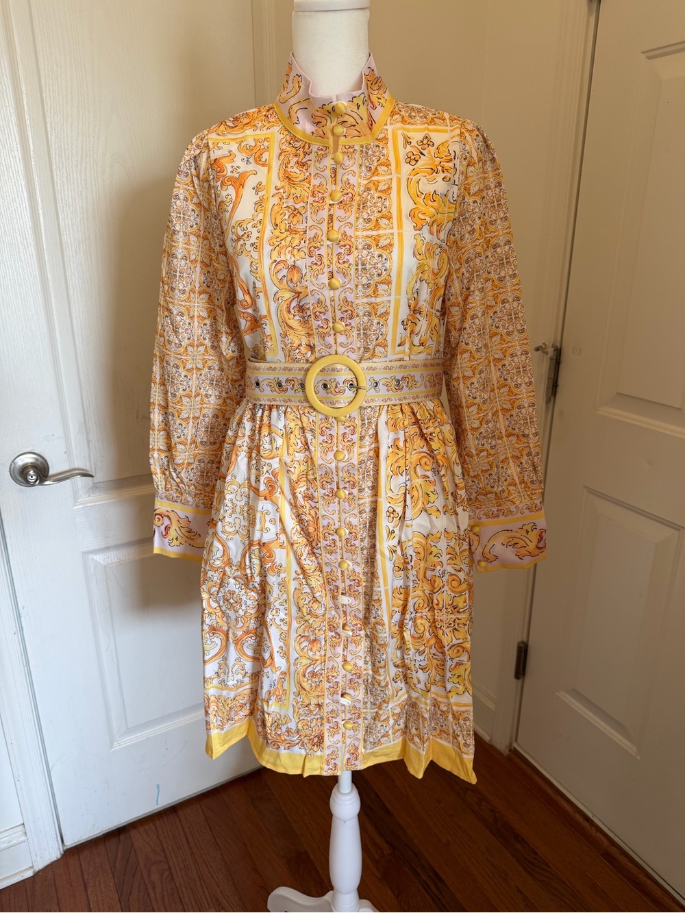 NWT Women’s Yellow Printed Belted Fit-and-Flare Dress size S